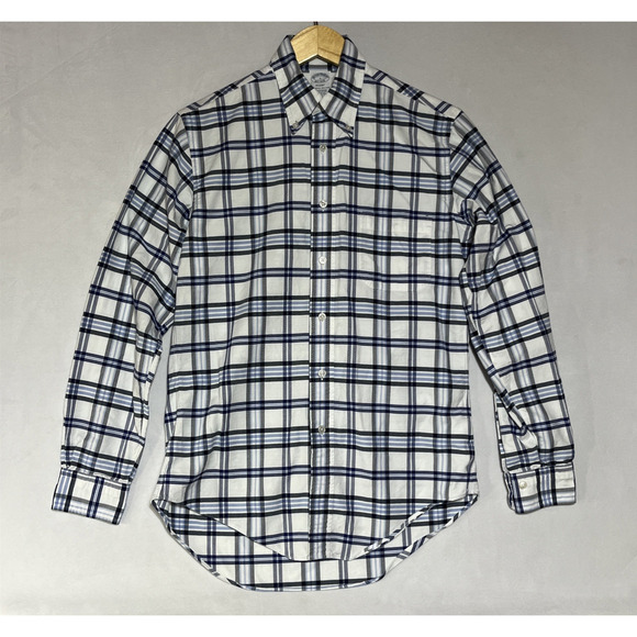 Brooks Brothers Original Polo Shirt Regent Mens Small Blue White Plaid Oxford - Picture 1 of 12